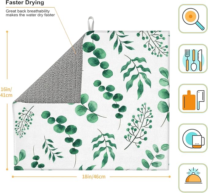 Watercolor Plant Green Leaves Dish Drying Mat for Kitchen Counter 16x18 Microfiber Absorbent Fast Dry Mat 2Pcs Dish Mat Faucet Mats Sets Large Drying Kitchen Mat Kitchen Drying Pad