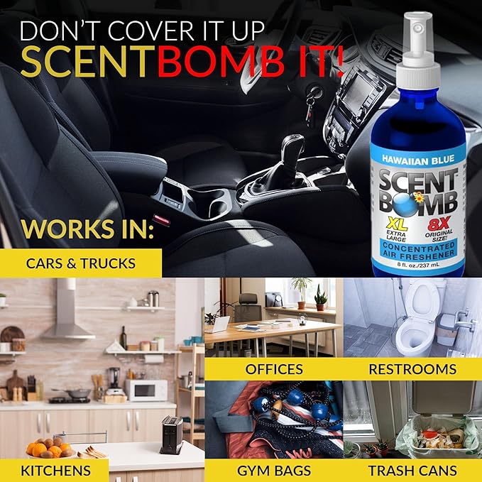 Scent Bomb Air Freshener Bundle - 1 oz &amp 8 oz Bottle Sprays Vent Clip Organic Cans Hanging Circle - Continuous Freshness &amp Long-Lasting Odor Eliminator for Car Home Bathroom - Hawaiian Bl