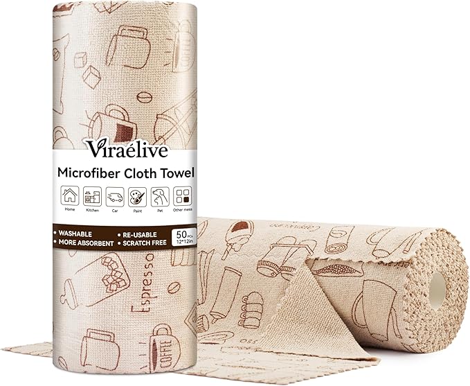 Microfiber Cleaning Cloth Roll 50-Count Reusable Washable Rags Absorbent Lint-Free Non-Scratch Streak-Free Tear-Away Barista Towels for Kitchen &amp Home Bar &amp Studio 12x12 in