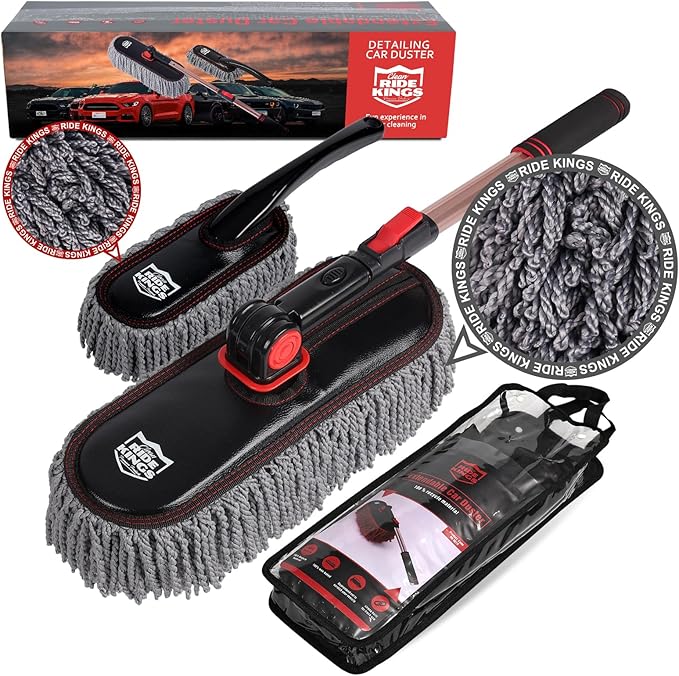 Car Duster Exterior with Extendable Handle Scratch Free Auto Wash Brush Mop Interior Detailing Kit for Truck RV Boat - Microfiber Duster &amp Interior Brush Grey