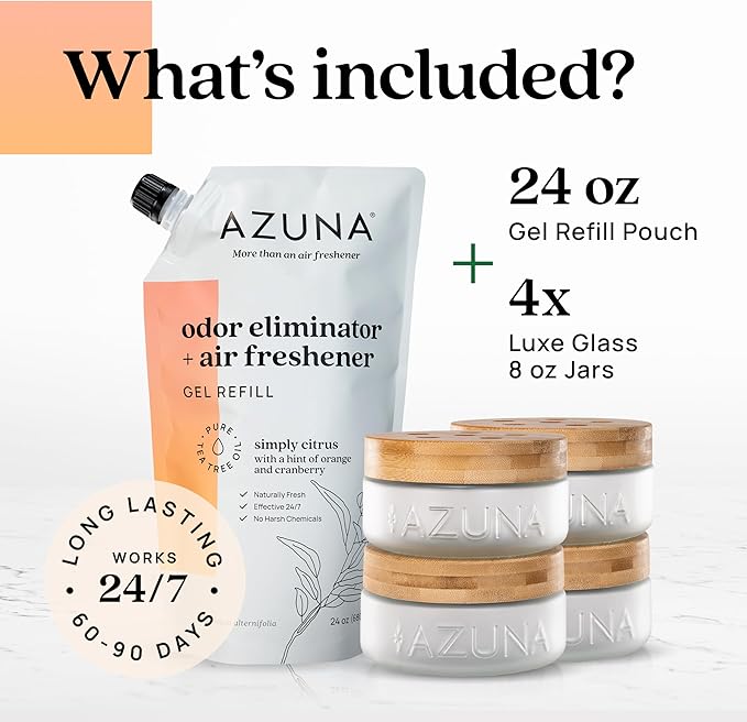 Azuna Air Freshener &amp Odor Eliminator for Strong Odor | 4 Room Kit Includes (4) Empty Luxe Glass Jar &amp 24oz Gel Refill with Tea Tree Essential Oil | Simply Citrus | Last 60-90 Days