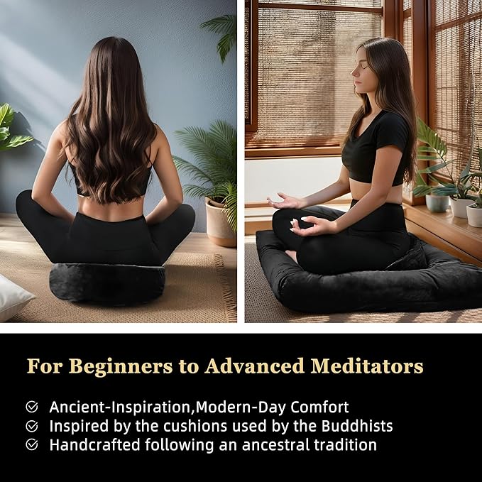 Meditation Zafu Cushion Set with Buckwheat Hulls &amp Memory Foam - Ergonomic Support for Yoga &amp Sitting - Removable Machine-Washable Luxury Velvet Cover - for Adults and Kids (Black)