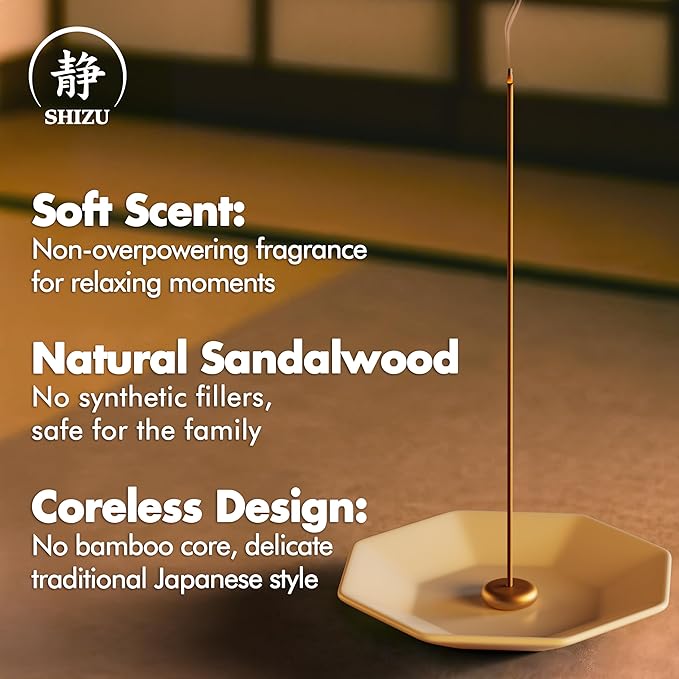 Shizu Sandalwood Incense Sticks – Artisanal Temple Grade Japanese Incense with Brass Holder – Calming Scent for Relaxation Meditation &amp Home Spa Elegant Gift Set (60 Sticks)