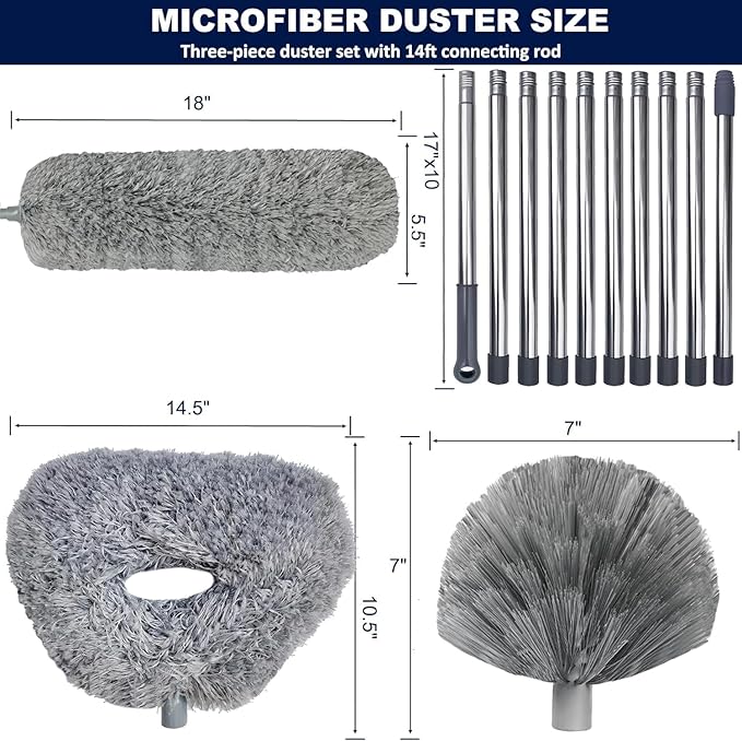 20+ Ft High Reach Ceiling Fan Duster &amp Cobweb &amp Corner Brush Duster with 3-14 ft Spliceable Pole Microfiber Feather Duster for Spider Web High Ceiling Blinds Furniture Cleaning Tool Kit