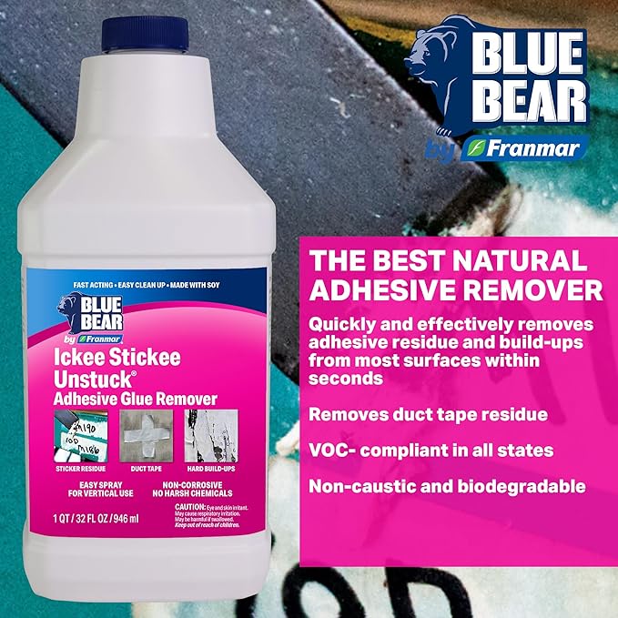Blue Bear Ickee Stickee Unstuck Adhesive Remover – Fast-Acting Low-Odor Natural Citrus &amp Soy Formula – Removes Sticker Label Tape &amp Glue Residue from Most Hard Surfaces (1 Quart)