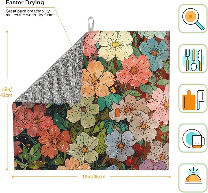 Colorful Wildflowers Dish Drying Mat for Kitchen Counter 16x18 Microfiber Absorbent Fast Dry Mat 2Pcs Dish Mat Faucet Mats Sets Large Drying Kitchen Mat Kitchen Drying Pad Coffee Bar Decor Gifts
