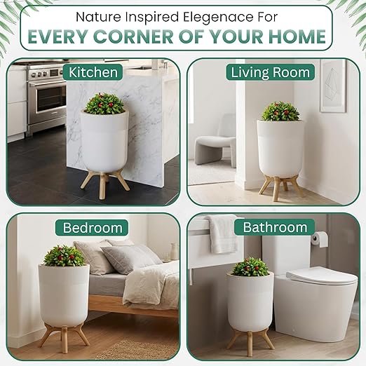 Small Bathroom Trash Can with Plant Style Lid 1.8 Gallon White Small Bathroom Garbage Can Decorative Wastebasket for Bedroom Office and Bathrooms Trash Bin That Looks Like a Plant