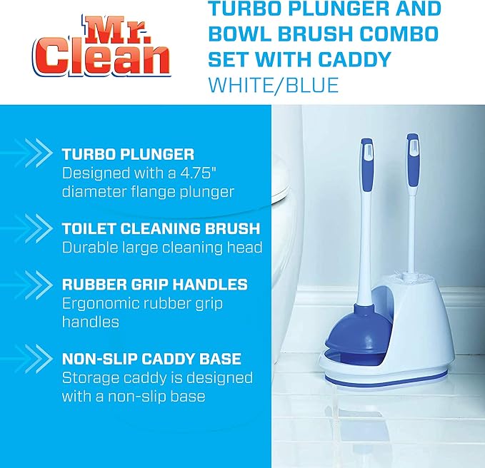 Mr. Clean Toilet Plunger and Bowl Brush Combo with Caddy 3-Piece Heavy-Duty Plunger Toilet Brush and Caddy Set White/Blue