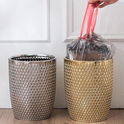 Modern Golden Small Trash Can Wastebasket Garbage Container Bin for Bathrooms Powder Rooms Kitchens Home Offices - Durable Ceramics - Round
