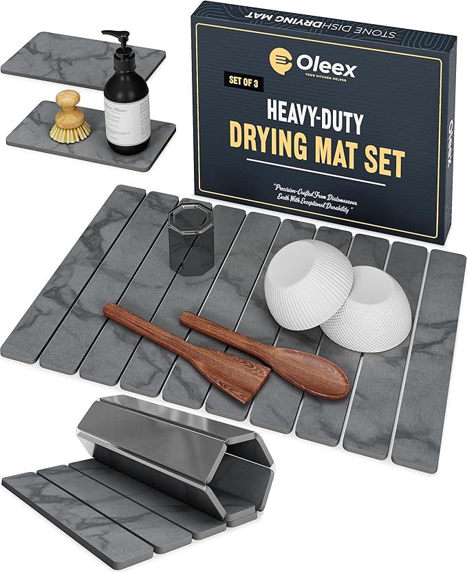 Oleex 3-Pack Stone Dish Drying Mat Set Includes 1 Large 24”x16” &amp 2 Small 4”x9” for Kitchen Counter-Collapsible Diatomaceous Earth Pad Absorbs Water &amp Dries Dishes Fast Non-slip Odor-Resista