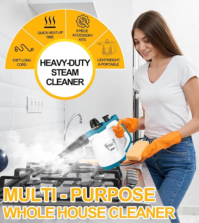 LanAqua Handheld Steam Cleaner with 9 Accessories Pressurized Handheld Multi-Surface Natural Steam Cleaner for Home Multi-Purpose Portable Steamer for Cleaning Floor Upholstery Grout and Car