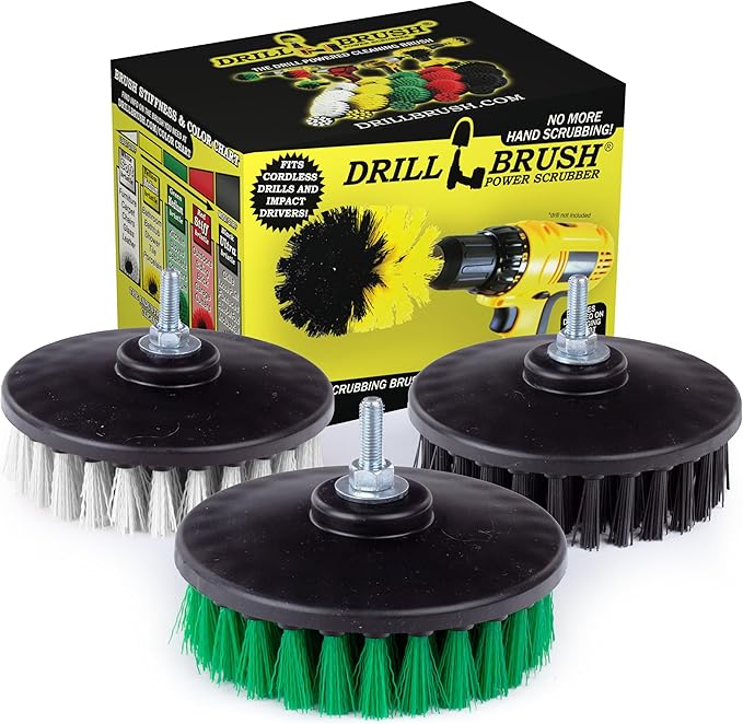 Drillbrush Construction Tools - Soft Medium Ultra Stiff - 3 Scrub Brush Kit - Threaded 5/16 x 24 - Fits Electric - Cordless - Air Pneumatic - Dual Action Orbital Polisher Machine - Rotary - Buffer
