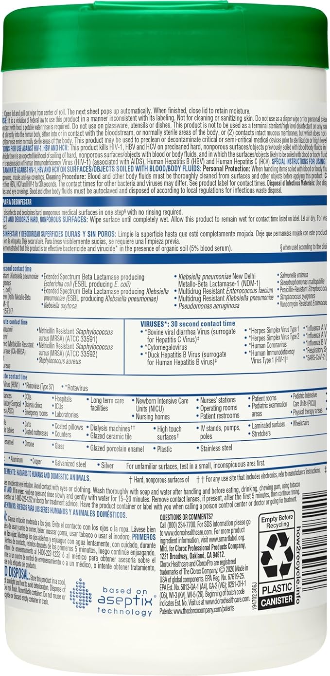 Clorox Healthcare Hydrogen Peroxide Cleaner Disinfectant Wipes 6.75 x 9 95 Count Pack of 6 (Package May Vary)