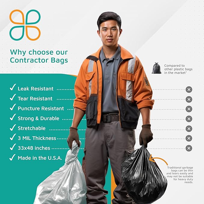 PlasticMill Contractor Bags Heavy Duty - Commercial Industrial Garbage Bags - Black Construction Trash Bags - Outdoor Garden Trash Bags 42-Gallon 3 Mil 33x48 (32-Count)