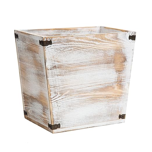 VERGOODR Grey Farmhouse Style Torched Wood Trash Can Waste Bin with Decorative Metal Brackets Trash Can for BedroomLiving Room Bathroom &amp Office (Washed White)