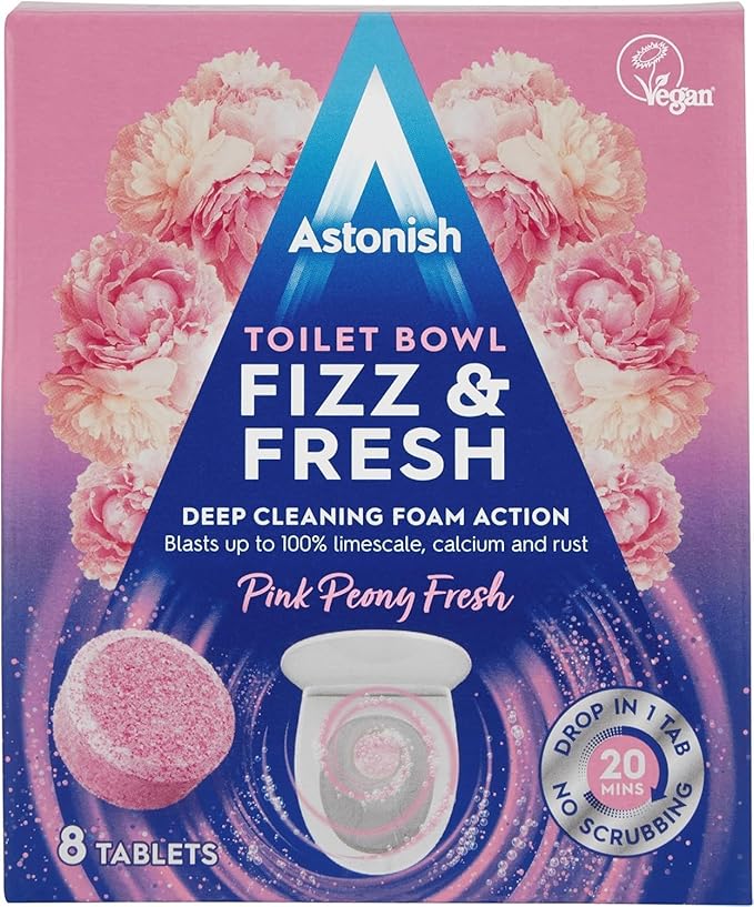 4 Pack Of Astonish Toilet Bowl Fizz &amp fresh Deep Cleaning Foam Action (Pink Peony Fresh) 32 Tablets In Total
