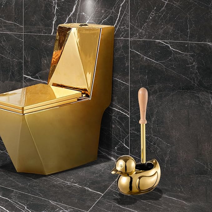 Gold Duck Toilet Brush and Holder SetNon-Slip Handle Toilet Bowl Brush with Wooden &amp Stainless SteelHandle Practical Bathroom Accessories Cleaning Tools Set