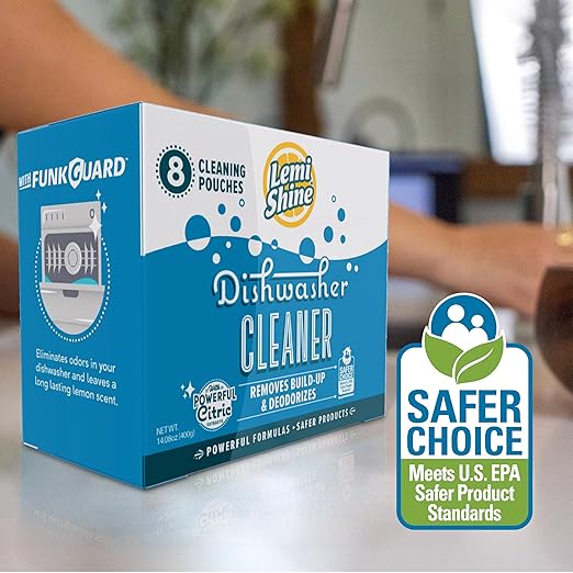 Lemi Shine Natural Dishwasher Cleaner - Hard Water Citric Acid Cleaning Powder - Lemon Scented Eco-Friendly Dishwasher Cleaner &amp Deodorizer - 14.08 oz (8 Pack)