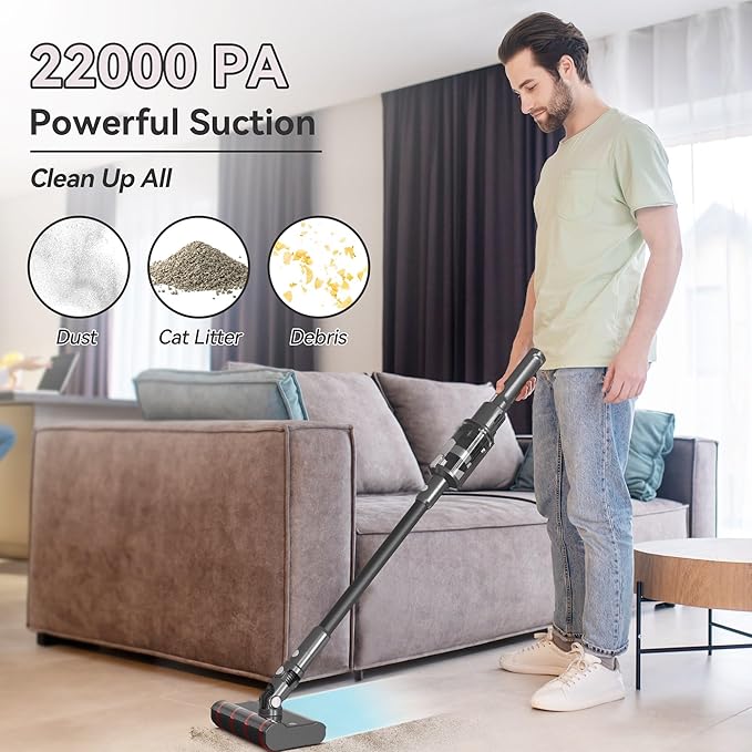 Cordless Stick Vacuum Cleaner for Home with 360° Wheels and W-Shape Brush 22KPa Powerful Suction 40 Min Runtime Lightweight Small Vacuum for Hard Floor and Carpet Gray