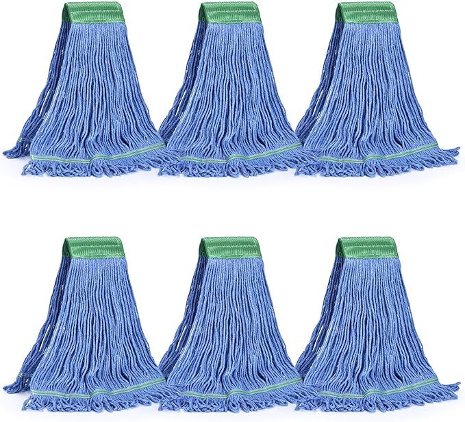 Matthew Cleaning Commercial Mop Head Replacement 5 Inch Wide Headband Looped End Cotton Blend String Wet Mops for Floor Cleaning 18 oz Medium 6-Pack Blue