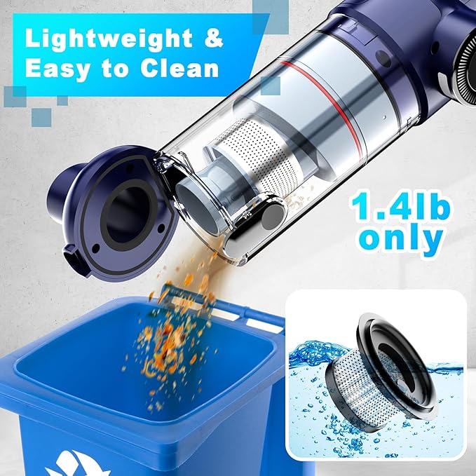 Handheld Vacuum Cordless - Car Vacuum Cleaner with Brushless Motor 15kPa Powerful Suction Vacuum with LED Light Type C Port 2 Fliters Portable Hand Vacuum for Home Pet and Car
