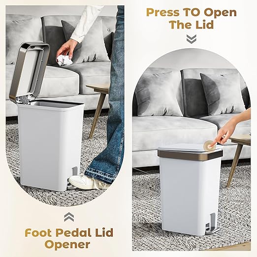 Small Bathroom Trash Can with Lid Soft Close 10 Liter/2.6 Gallon Slim Garbage Can-Metal Step and Press top Lid Mini Modern Waste Basket for Toilet Office BedroomDormGrayish-White