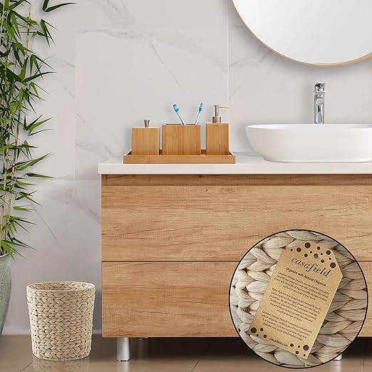 Casafield Water Hyacinth Waste Basket - Whitewash White Woven Wicker Trash Can for Bathroom Bedroom Laundry Room Home Office