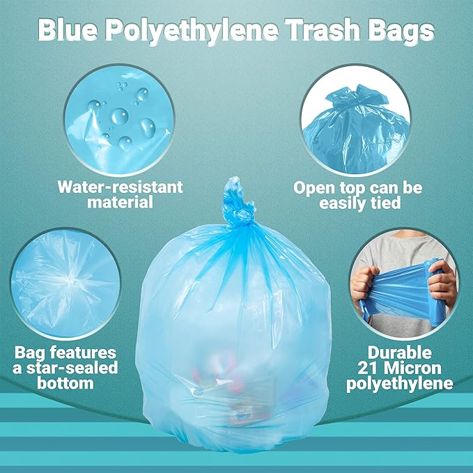 APQ Blue Heavy Duty Trash Bags 30 x 48 Inches. Pack of 250 Polyethylene Office Trash Can Liners 21 Micron Thick. Durable Recyclable 100 Gallon Plastic Garbage Bags for Offices Schools and Kitchen