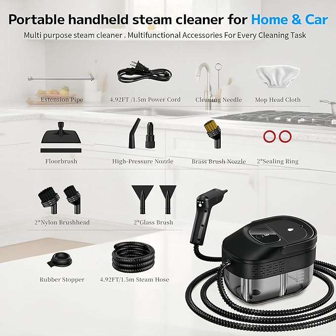 Pressurized Handheld Steam Cleaner 2500W 54oz Large-Capacity Steamer with 3-Level Adjustable Steam 15s Heat-Up &amp 15Pcs Accessories – for Car Tile Grout Couch Floor Bed Dirt Furniture