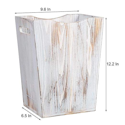 Farmhouse Style Wood wastebaskets Rustic Trash Can with Two Cutout Handles Waste Bin for BedroomLiving Room Bathroom &amp Office Kithen Garbage Container (Washed White)