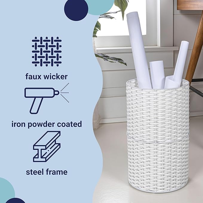 happimess HPM1100D Cecil Modern 4.13-Gallon Faux Wicker Cylinder Waste Basket White for Home Bathroom Living Room Office Bedroom Kitchen