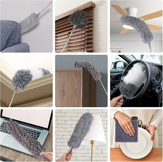 Microfiber Duster for Cleaning Fan High Ceiling Blinds Furniture Cars  9PCS Extendable Feather Duster (Stainless Steel) 30 to 100 Inches Reusable Bendable Washable