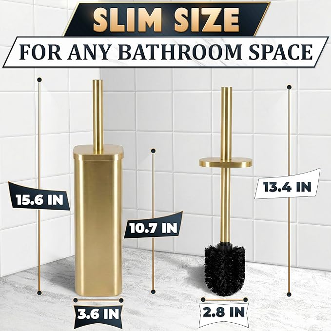 Gold Toilet Brush with Square Holder - Toilet Brush and Holder Set Gold Stainless Steel Handle with Splash Shield Replaceable Head and Removable Inner Cup - Freestanding Bathroom Toilet Cleaning Set