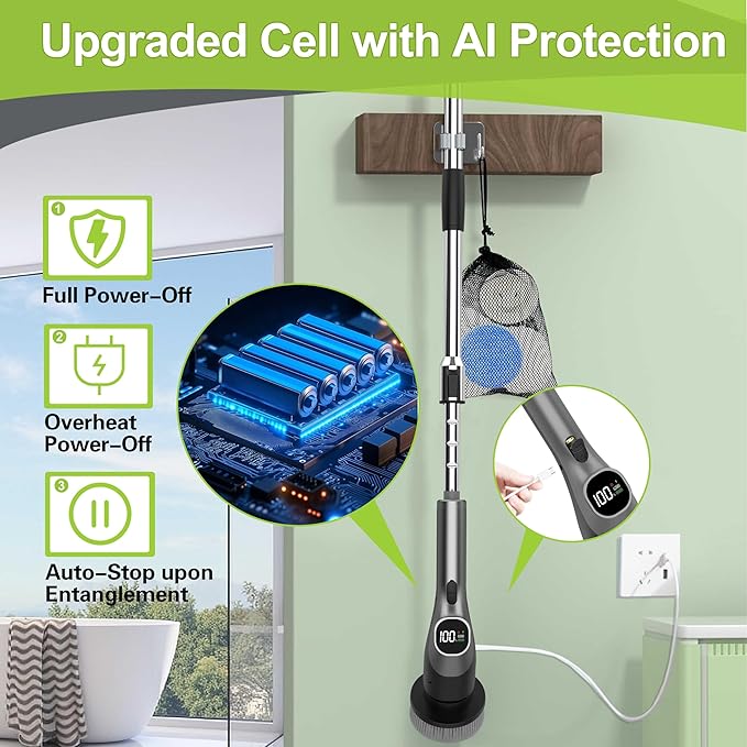 WKY-G3-Electric Spin Scrubber - Upgraded 10-in-1 IPX7 Waterproof Shower Cleaner Brush Retractable Handle &amp 2-Speed for Toilet Bathroom Bathtub Tile Floors Black