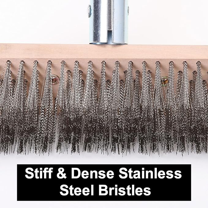 Stainless Steel Wire Scrub Brush with 63 Long Handle 2PCS 8 Brush Heads Heavy Duty Large Wire Brush Stiff Metal Bristle Floor Scrubber Patio Floor Cleaning Wire Broom for Concrete Deck Moss