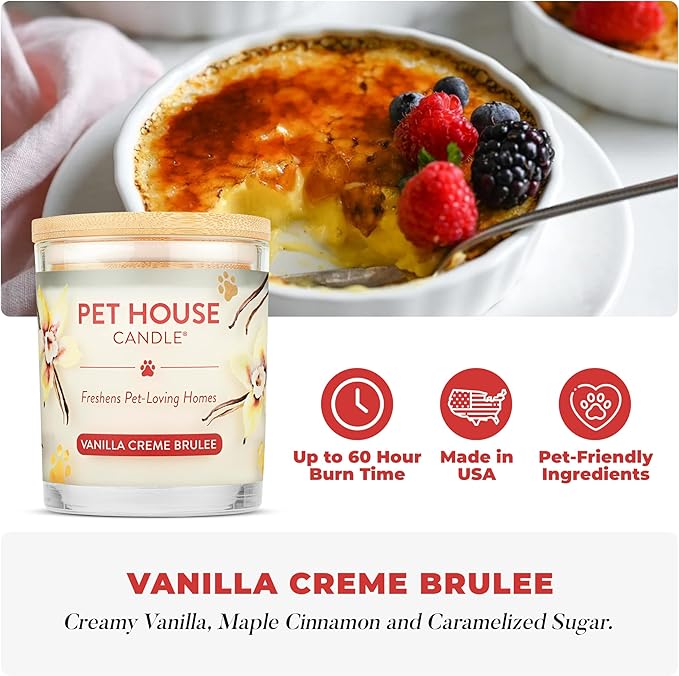 One Fur All Pet House Candle Plant-Based/Soy - Clean Burning Scented Long Lasting Pet Odor Candle for Home - Vanilla Crème Brulee