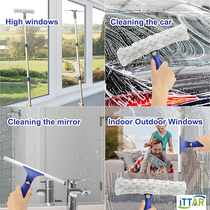 ITTAR Rotatable Window Cleaning Kit Glass Cleaner Tool with 60 Extension Pole Rubber Squeegee &amp 2 Microfiber Pads Combo Window Washing Equipment for Cleaning Shower High Windows Car Glass