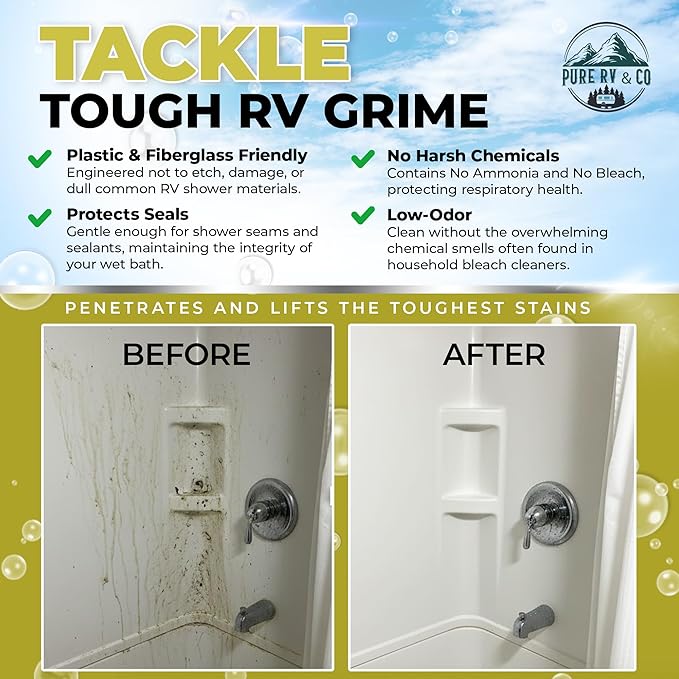 RV Shower Cleaner for Removing Hard Water Marks Soap Scum Stains Bleach and Ammonia-Free Formula Safe for Plastic &amp Fiberglass Low Odor Formula with Citrus Scent (32 oz)