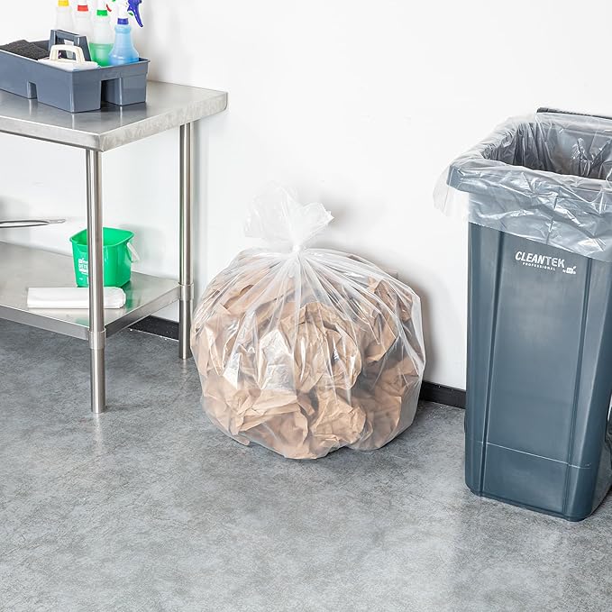 Restaurantware-RW Clean 45 Gallon Trash Bags 100 Heavy-Duty Garbage Can Liners- Fits 40-45 Gallon Trash Cans Stretchable Clear Plastic Bin liners with Star Seal Bottom