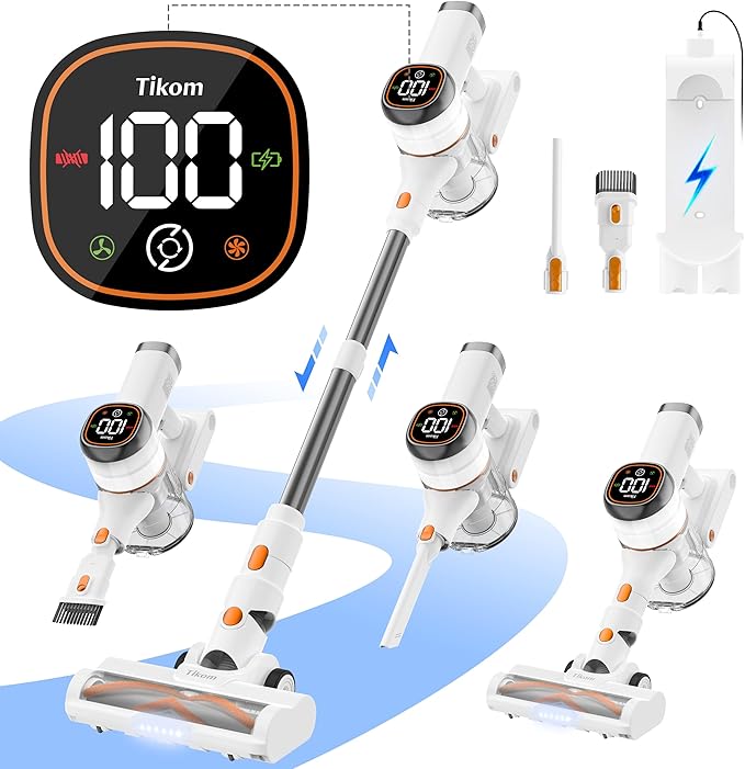 Tikom V500 Cordless Vacuum Cleaner for Home 40000Pa/450W Stick Vacuum with LED Touch Screen Charging Wall Dock Anti-Tangle Lightweight Handheld Vacuum for Pet Hair Hard Floor Carpet