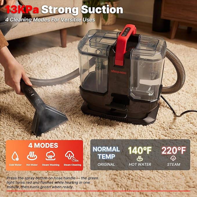 Shop-Vac Portable Carpet Cleaner Machine with 212℉ Steam &amp Heating System 4 Cleaning Modes Upholstery Cleaner with Versatile Tools for Car Rug Couch Bathroom Kitchen Messes 5430270