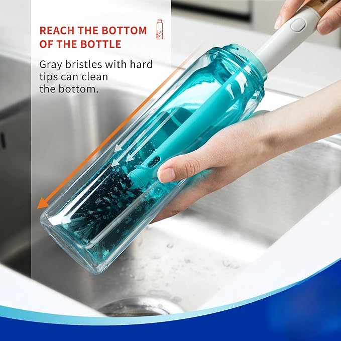 2-in-1 Water Bottle Brush with Straw Cleaner Bamboo Handle 14.2 Inch Long Reach for Tumblers and Baby Bottles 2.3 Inch Wide Head Gray Nylon Bristles