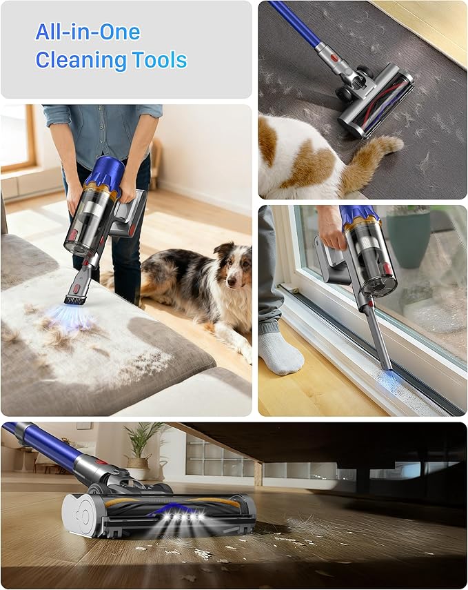 Cordless Vacuum Cleaner - Powerful Stick Vacuum with HEPA Filter 55-Min Runtime LED Light Anti-Tangle Brush Detachable Battery Lightweight for Home Pet Hair Carpets &amp Hard Floors
