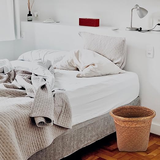 Homoyoyo Straw Woven Wastebasket Large Round Decorative Trash Can Bin for Bedroom Bathroom Home Office Smooth Edges Lightweight Paper Basket for Easy Waste Disposal Functional Storage