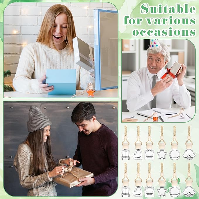 48 Sets Hanging Car Air Freshener Diffuser Bottles Bulk with Car Diffuser Instructions Car Card Empty Glass Essential Oil Diffuser Bottles Fragrance Perfume Pendant Bottle for Staff Employee