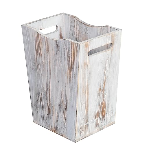 Farmhouse Style Wood wastebaskets Rustic Trash Can with Two Cutout Handles Waste Bin for BedroomLiving Room Bathroom &amp Office Kithen Garbage Container (Washed White)