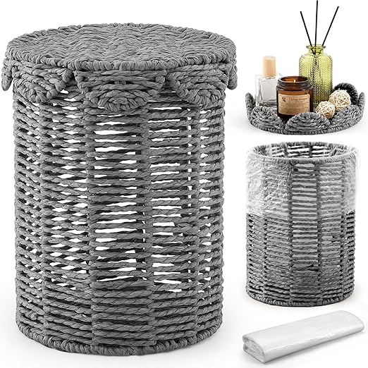Ctosree 1.3 Gallons Small Wicker Trash Can with Lid Handle Woven Wicker Rattan Bathroom Waste Basket Boho Trash Basket with 100 Plastic Garbage Bags for Bedroom Office Laundry (Scalloped Style Gray)