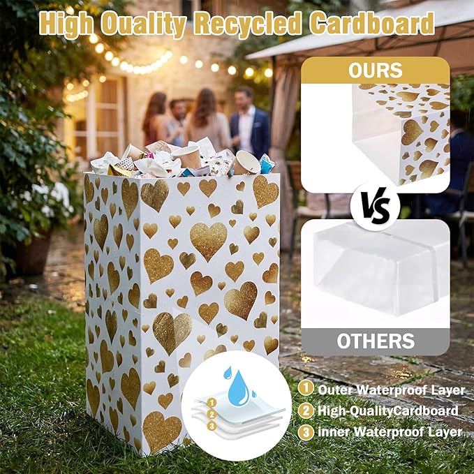 Tinlade 6 Pack 13 Gallon Golden Heart Disposable Trash Cans for Parties Extra Large Thick Waterproof Pop up Recycling Bins Foldable Garbage Bins for Wedding Baby Shower Birthday Party