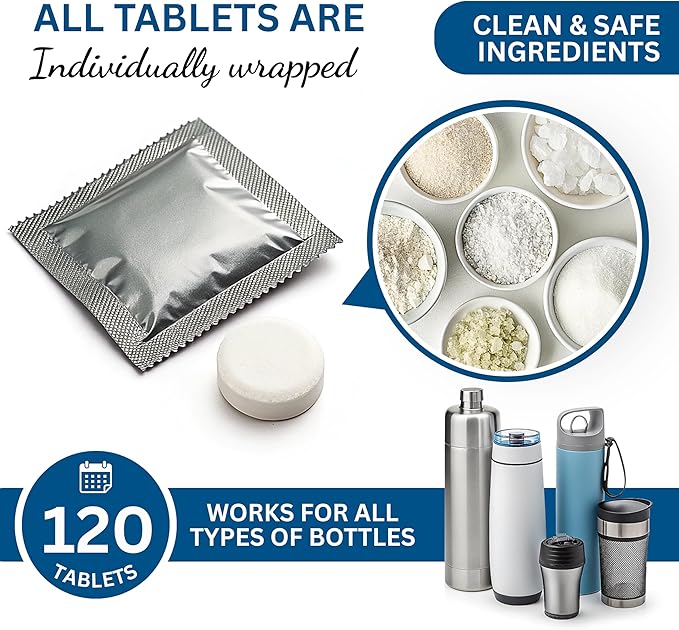 120 Pcs Water Bottle Cleaning Tablets Bottle Cleaning Tablets for Stainless Steel Water Bottles &amp Tumblers Bottle Cleaner tablets are ideal cleaner for all Water Bottles Removes Odor &amp Stai
