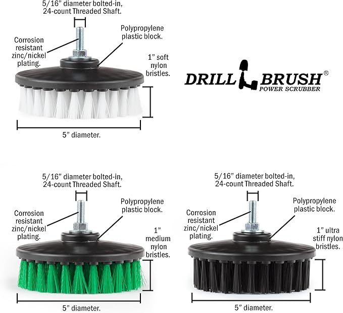 Drillbrush Construction Tools - Soft Medium Ultra Stiff - 3 Scrub Brush Kit - Threaded 5/16 x 24 - Fits Electric - Cordless - Air Pneumatic - Dual Action Orbital Polisher Machine - Rotary - Buffer